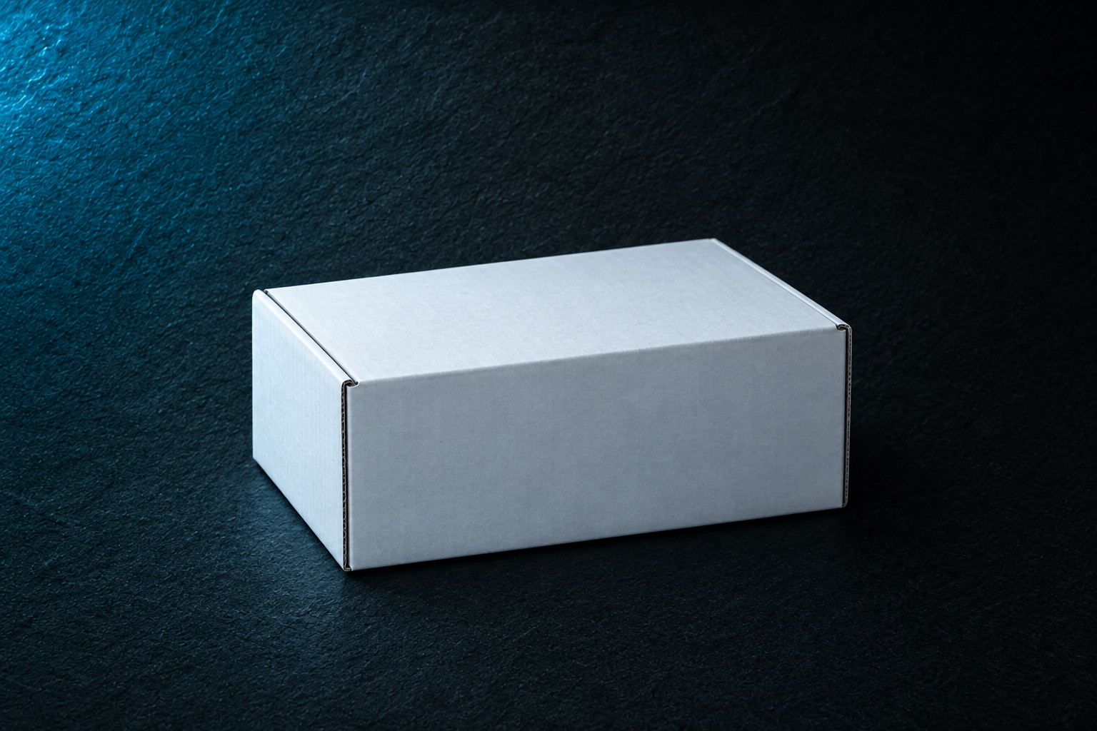 A plain unmarked white shipping box, closed, with no branding or label