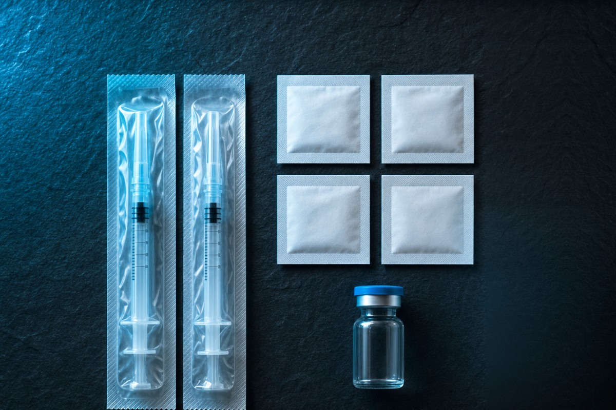 Syringes, needles, alcohol pads and a vial laid out on slate