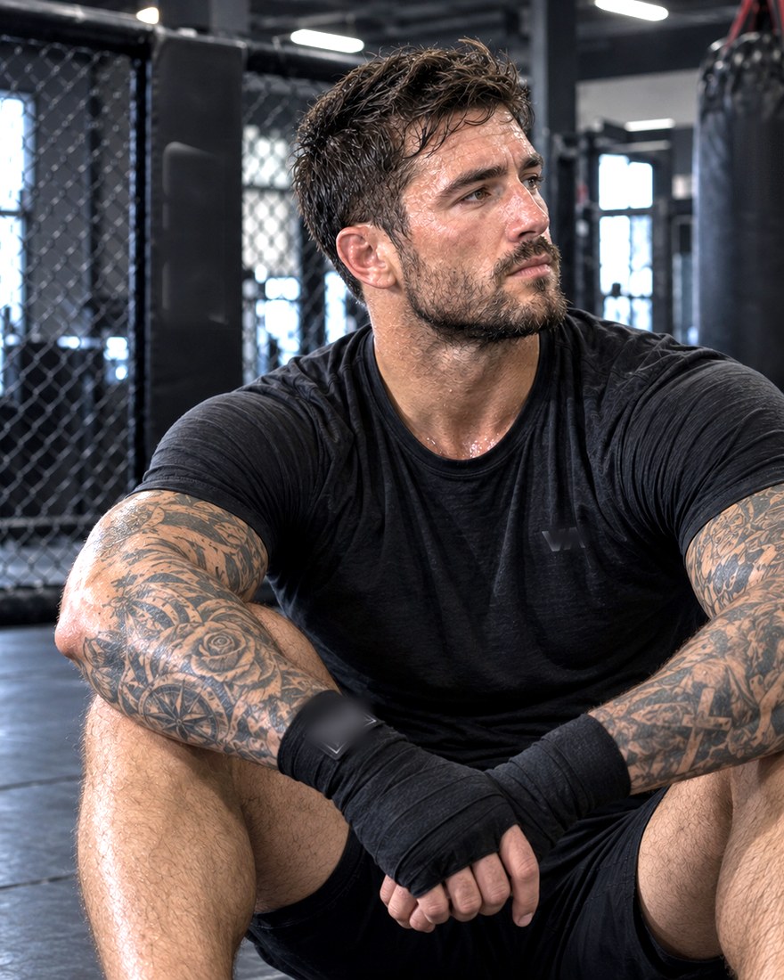 Man resting between rounds at a fight gym