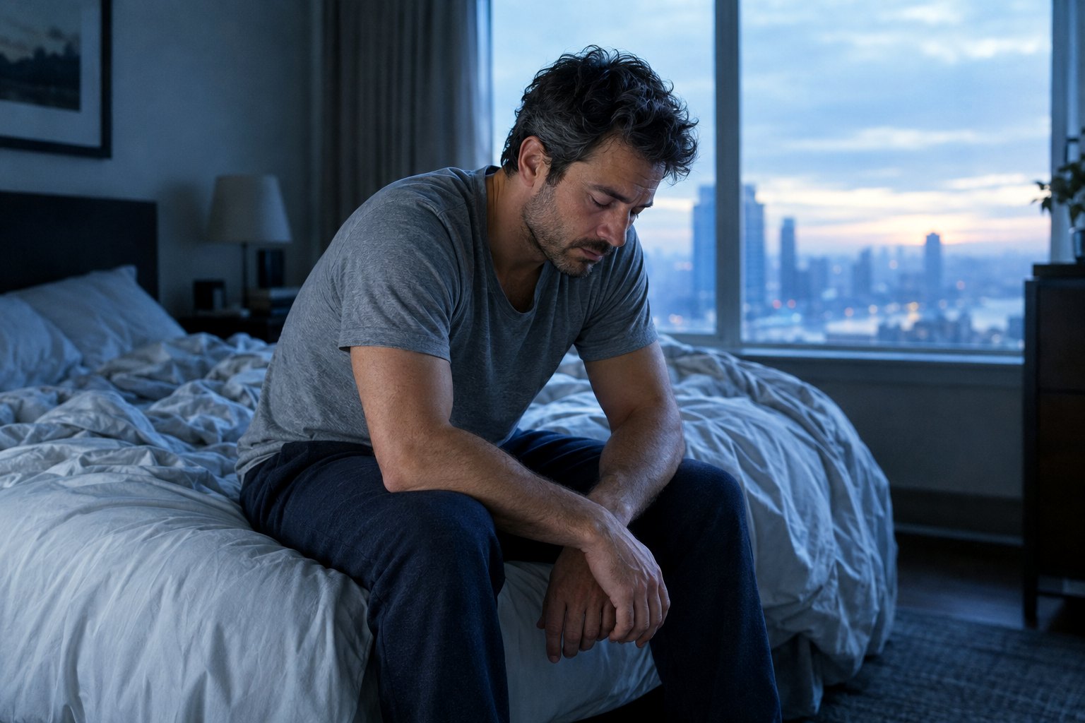 A man sitting on the edge of a bed at dawn, drained despite a full night of sleep