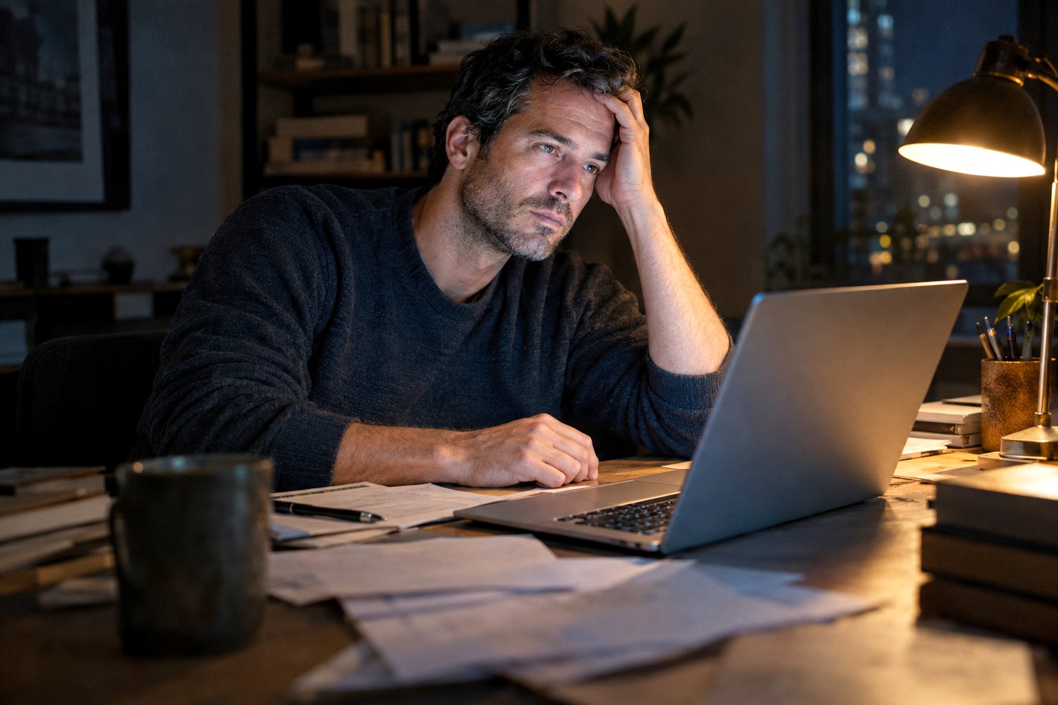 A man at a desk late at night, hand on his forehead, unfocused