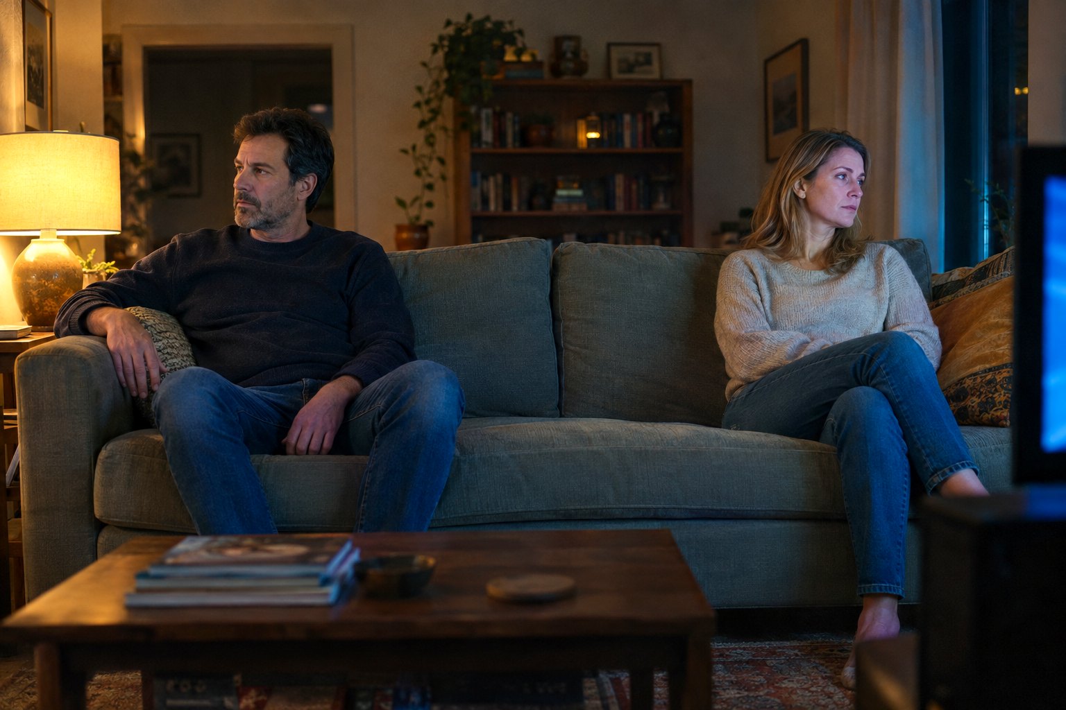 A couple sitting at opposite ends of a sofa at night, a gap between them