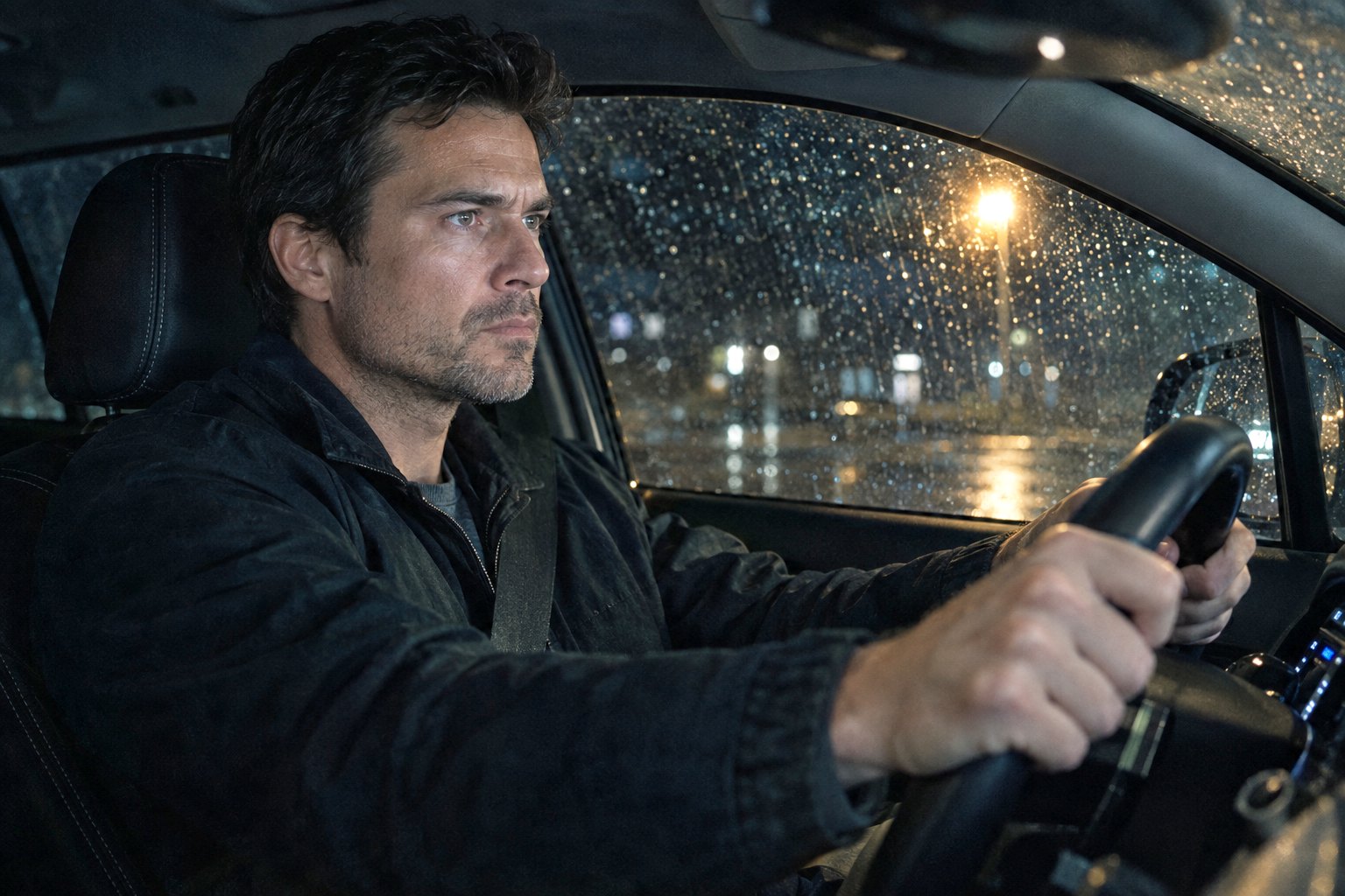 A man alone in a parked car at night, hands on the wheel, jaw tight