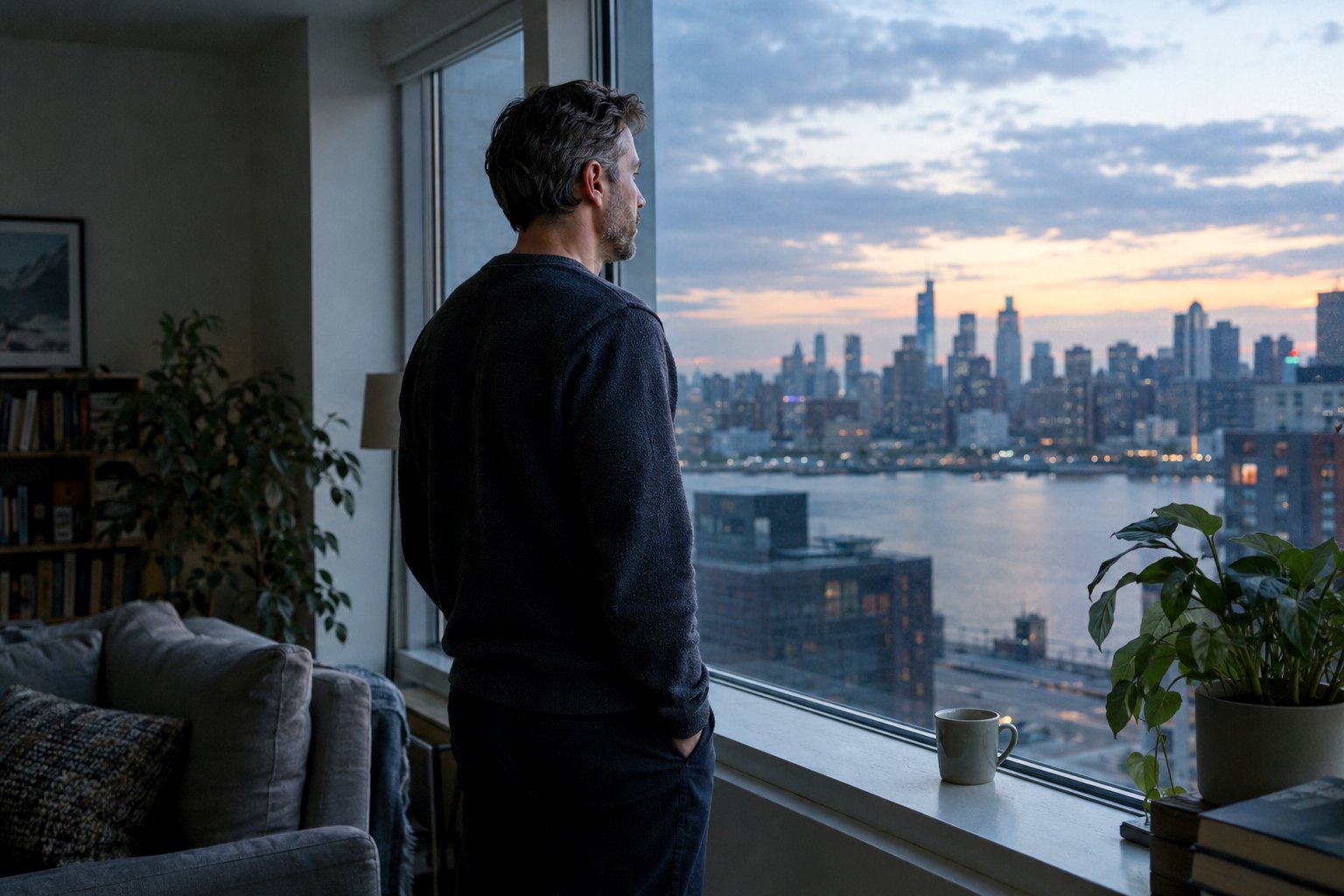 A man standing at a dark window at dusk, unmotivated, coffee going cold