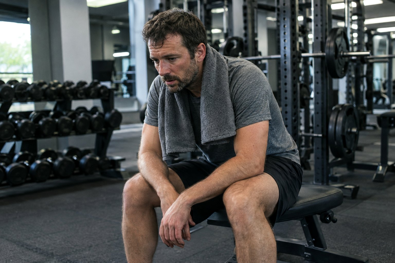 A man sitting slumped on a weight bench in a dim gym after a set