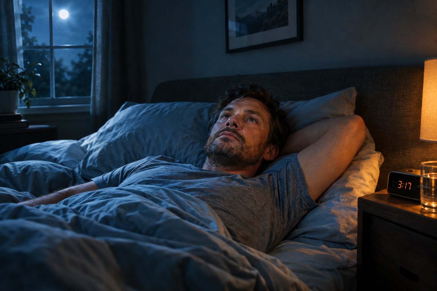 A man lying awake on his back in a dark bedroom, staring at the ceiling
